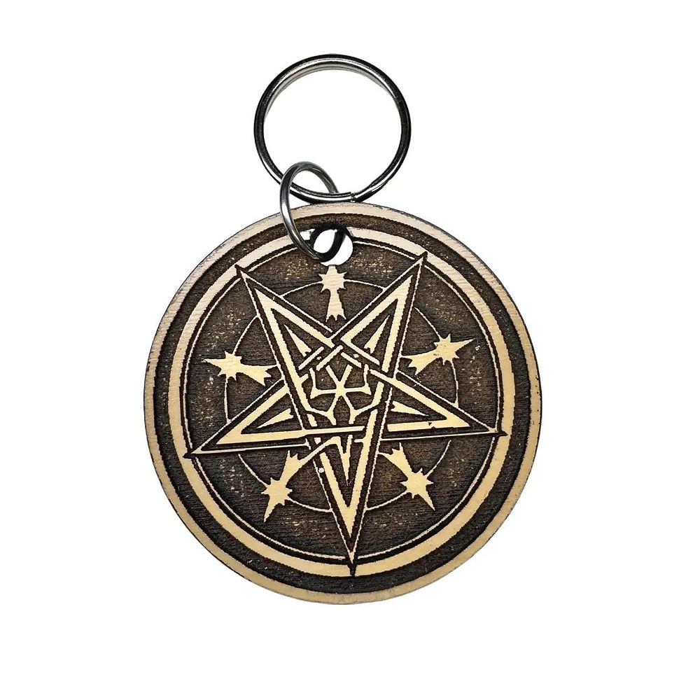 Round antique bronze metal keychain featuring a detailed inverted pentagram symbol.