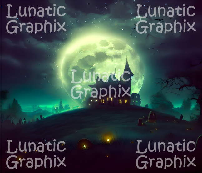 Thumbnail: Haunted house on a hill under a full moon, Lunatic Graphix watermark.