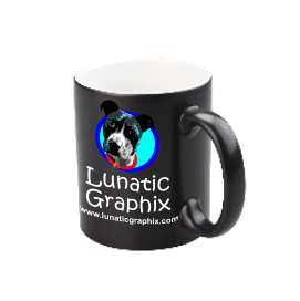 Black mug with dog logo, "Lunatic Graphix", and "www.lunaticgraphix.com".