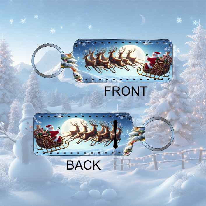 Double-sided keychain showing Santa's sleigh with reindeer flying, FRONT, BACK.
