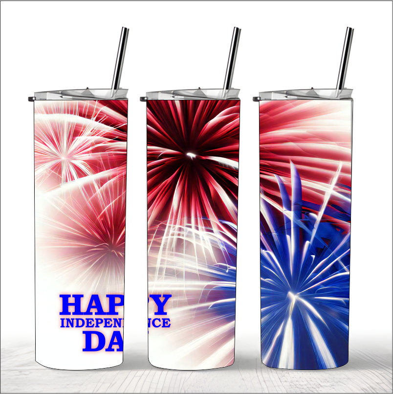 Three tumblers, red, white, blue fireworks, HAPPY INDEPENDENCE DAY text.