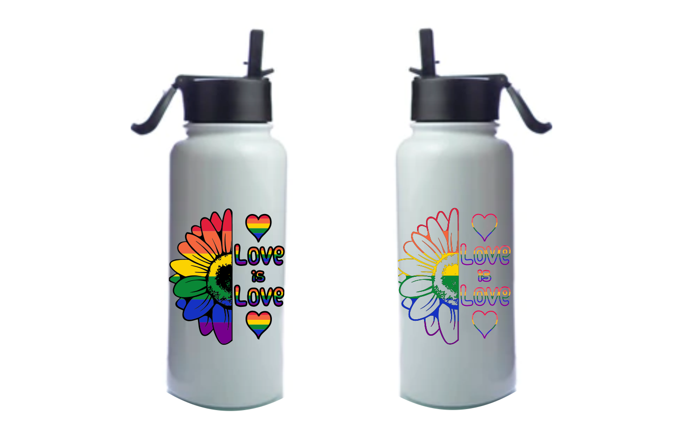 Two white water bottles with rainbow sunflower and 'LOVE IS LOVE' text.