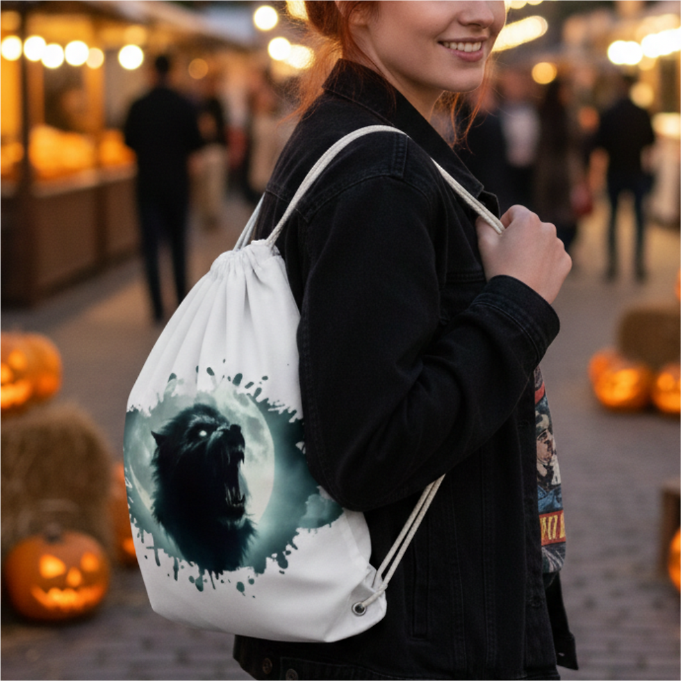 Smiling woman carries white drawstring bag with fierce wolf design.