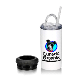 White skinny tumbler with "Lunatic Graphix" logo, next to a black koozie.