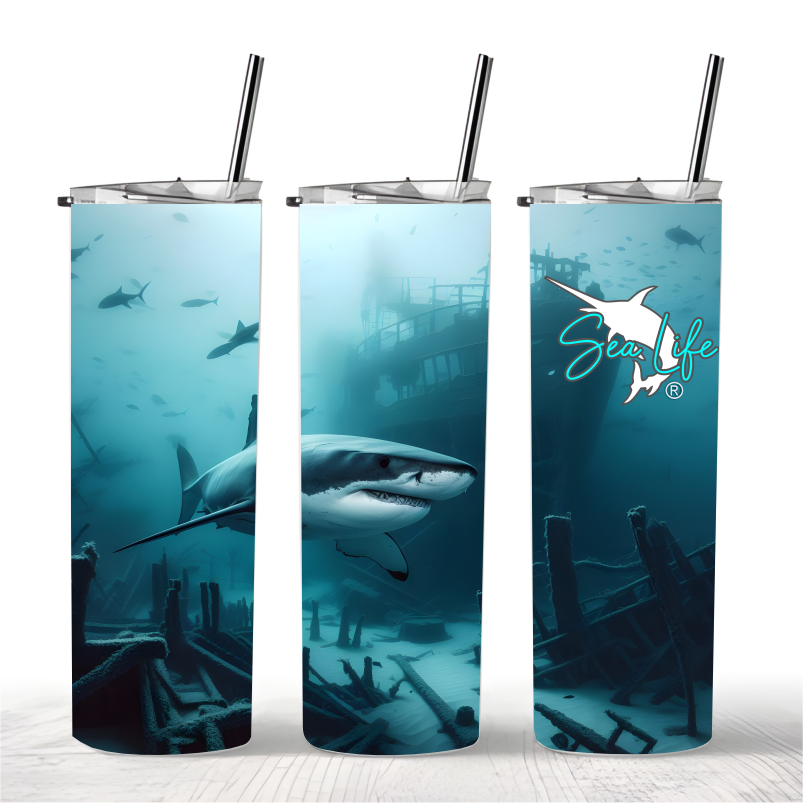 Three tumblers with great white shark, shipwreck, and Shark logo.