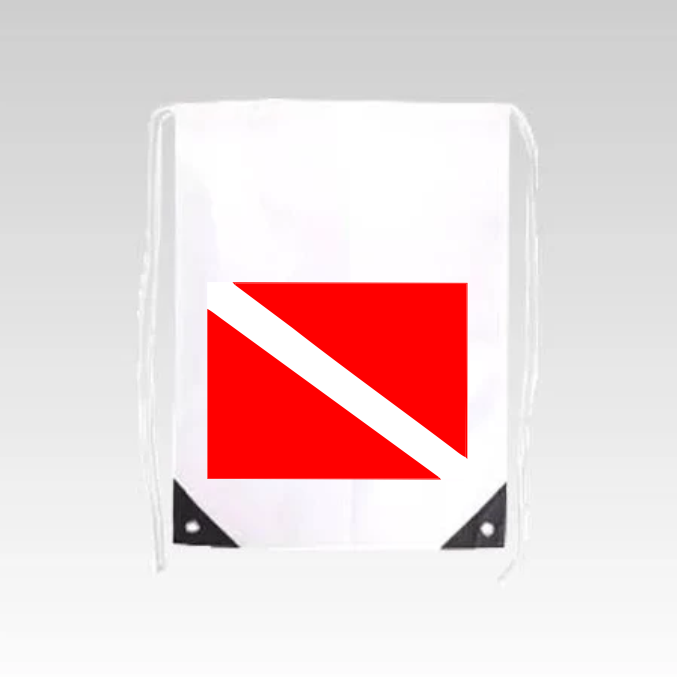 White drawstring backpack with a red and white scuba dive flag.