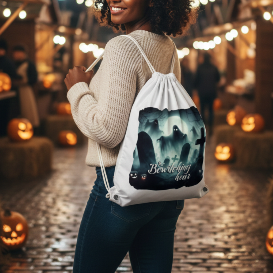 Woman wears "A HAUNTING WE WILL GO" drawstring bag at Halloween market.