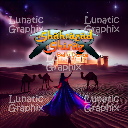 Desert scene with woman, camels, building, Shahrazad Shiraz Belly Dance Fusion.