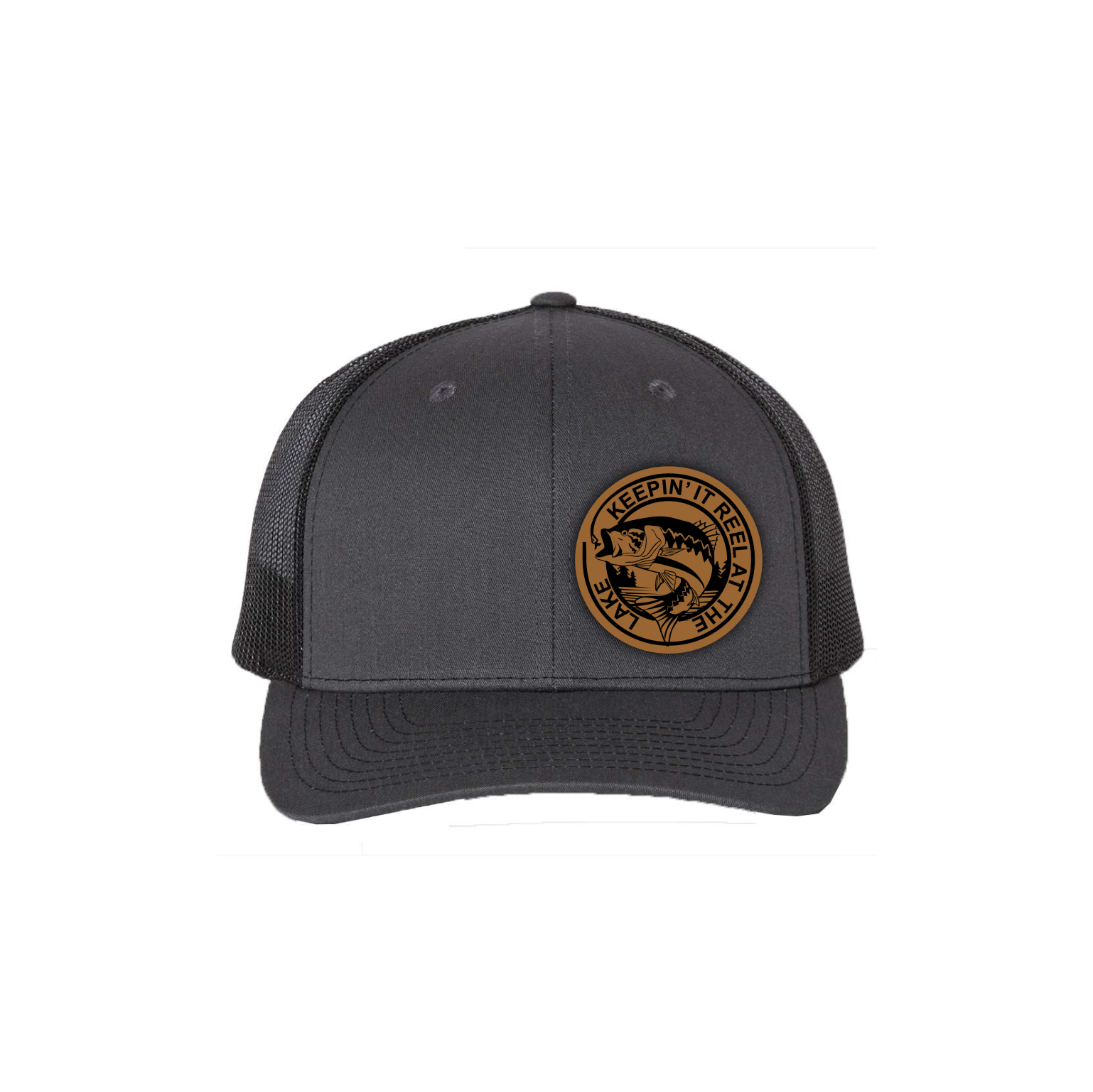 Dark grey trucker cap, round orange 'Lead The Way, Explore More' emblem.