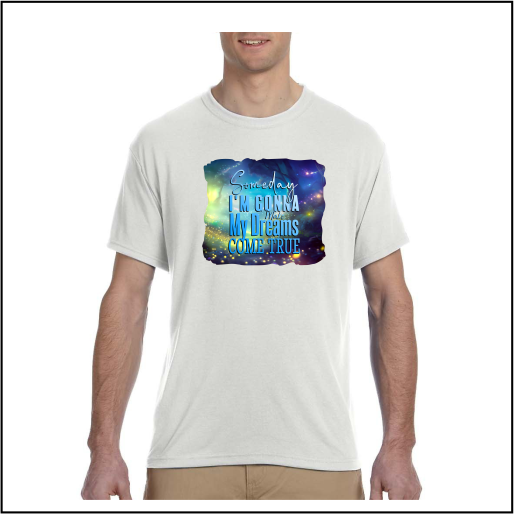 Man wearing white t-shirt with vibrant abstract colorful graphic design.