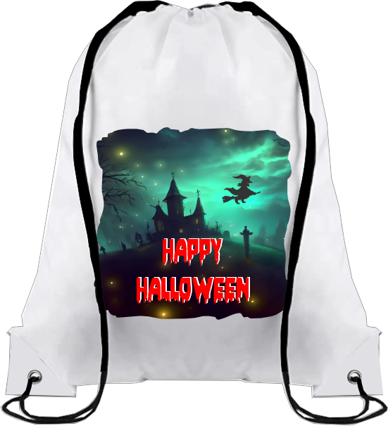 Thumbnail: White drawstring bag with "HAPPY HALLOWEEN" spooky castle, witch, graveyard artwork.