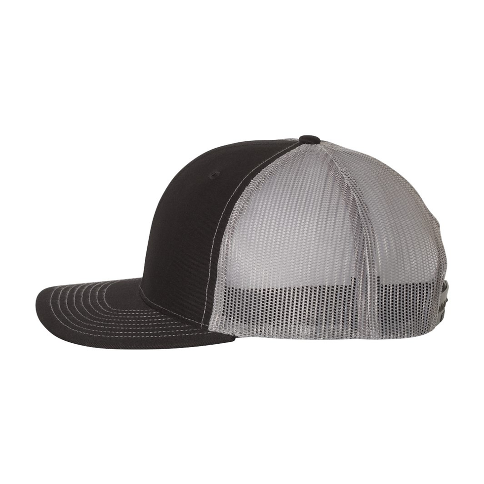 Side view of a black front and grey mesh trucker hat.