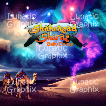 Desert scene with two camels, "Shahrazad Shiraz Belly Dance" logo.