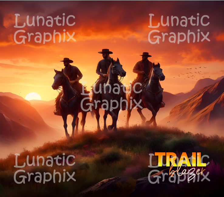 Thumbnail: Three cowboys riding horses at sunset, with "Lunatic Graphix" and "TRAIL Graphix".