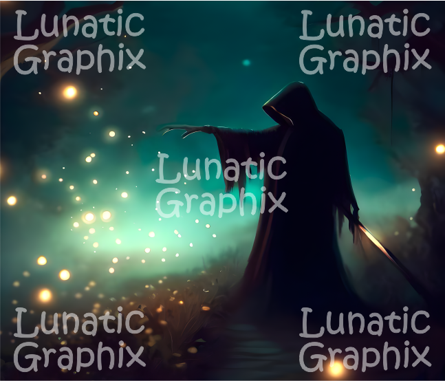 Thumbnail: Cloaked figure with sword, Lunatic Graphix, surrounded by magical glowing lights.