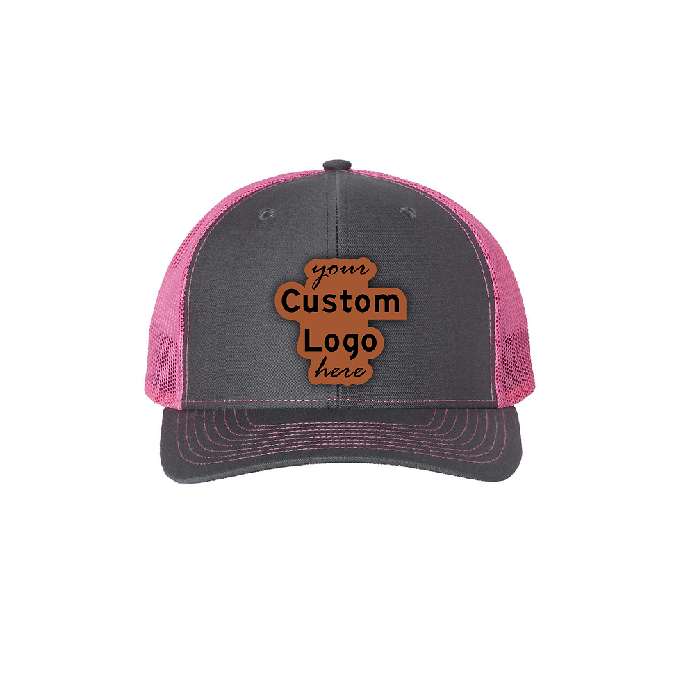 Dark gray and pink trucker hat with "your Custom Logo here".