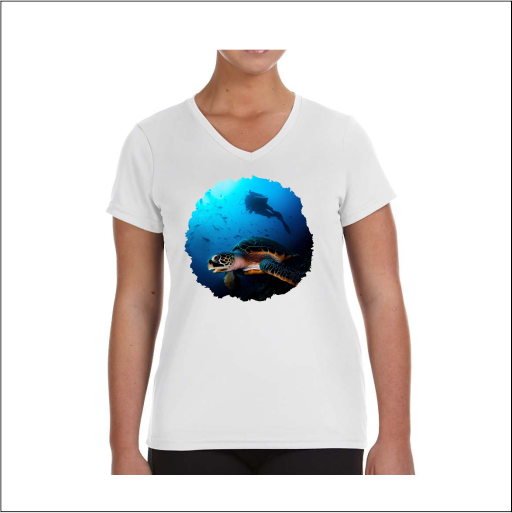 Thumbnail: White V-neck t-shirt with underwater sea turtle, manta ray, fish graphic.