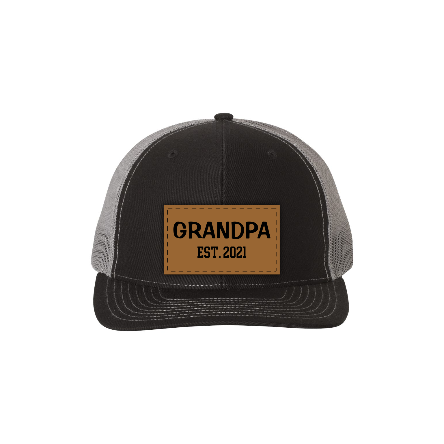 Black and grey trucker hat with 'GRANDPA EST. 2023' on a brown patch.