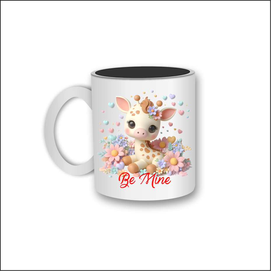 White mug with cute baby giraffe, "Be Mine" text, pastel flowers and confetti.