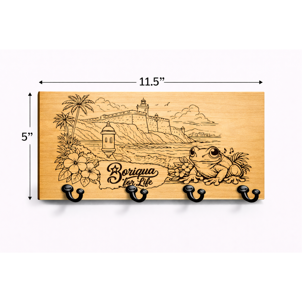 Boriqua for Life wood key hanger with fort, coqui frog, palms.