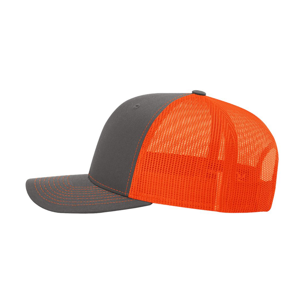 Thumbnail: Side profile of a grey and orange mesh back trucker cap.