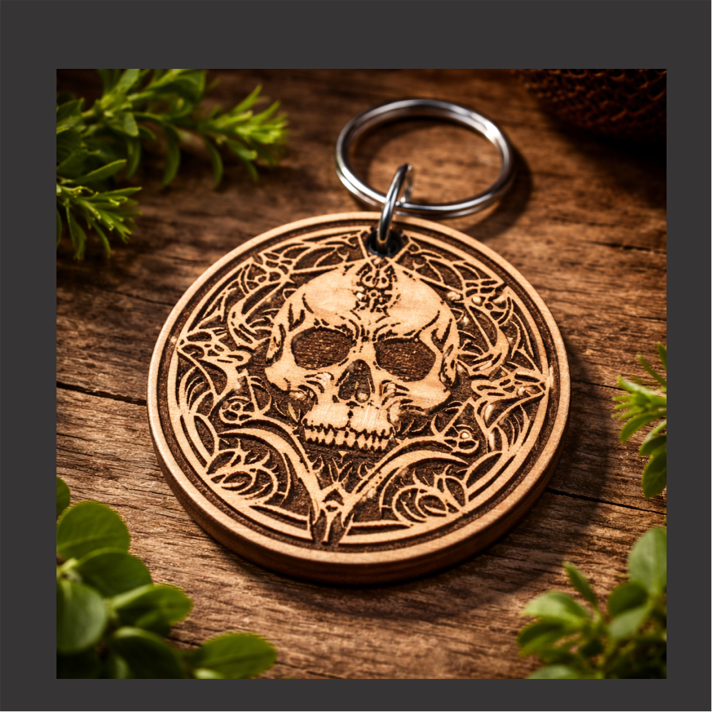 Intricate carved wooden keychain with skull design on a rustic wooden surface.