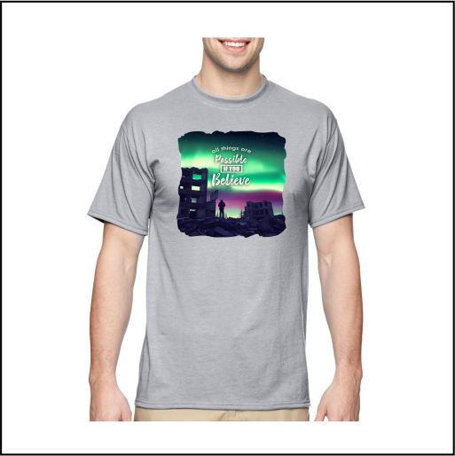 Man wearing grey t-shirt with Northern Lights Aurora Borealis graphic.