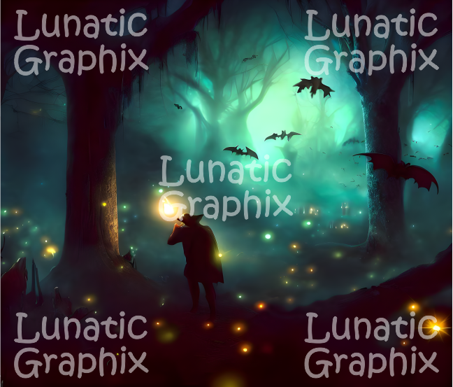 Thumbnail: Person with lantern in spooky forest, flying bats, Lunatic Graphix watermark.