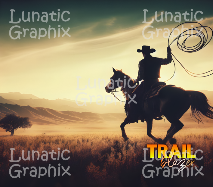 Thumbnail: Silhouetted cowboy on horse with lasso, Lunatic Graphix TRAIL BLAZER sunset landscape.