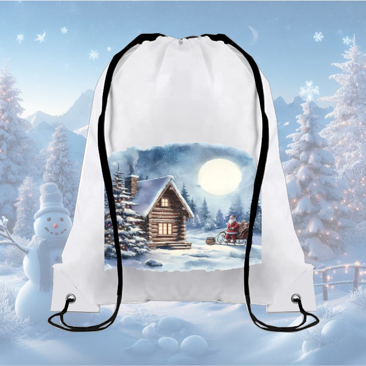 White drawstring bag with winter cabin, full moon, Santa's sleigh.