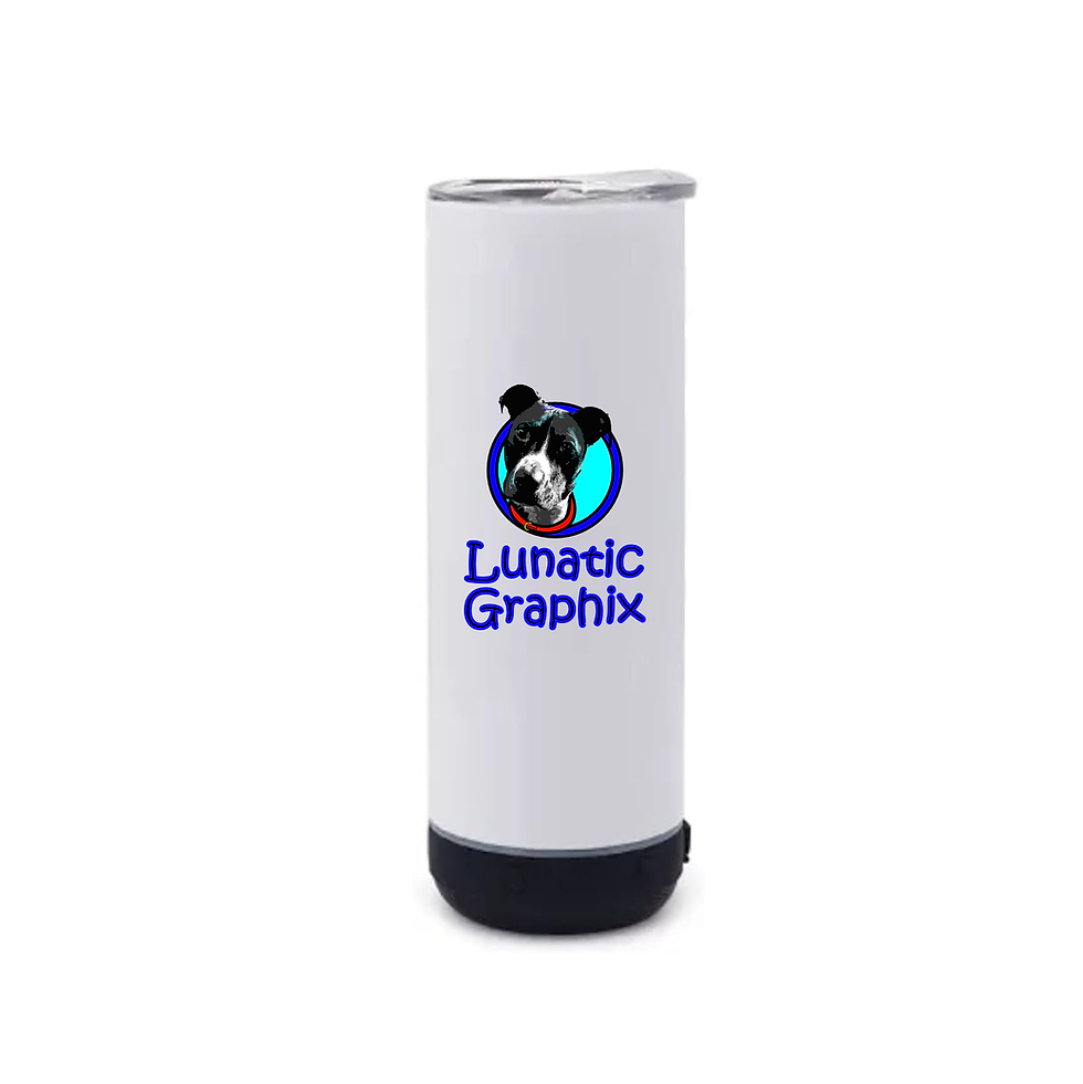 White tumbler, Lunatic Graphix logo featuring a dog's face.
