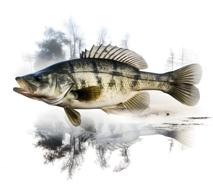 Large striped fish swimming against a misty winter background with reflections.