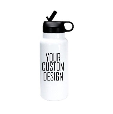 White insulated water bottle, black straw lid, YOUR CUSTOM DESIGN.