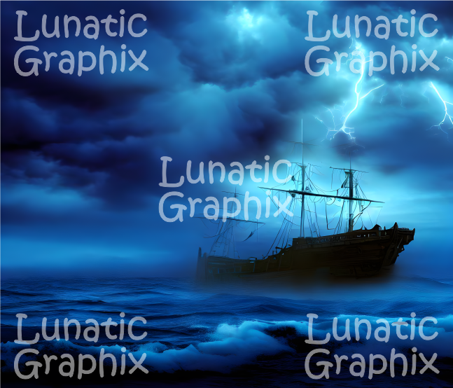 Thumbnail: Dark stormy sea with ship and lightning, "Lunatic Graphix" watermarks.