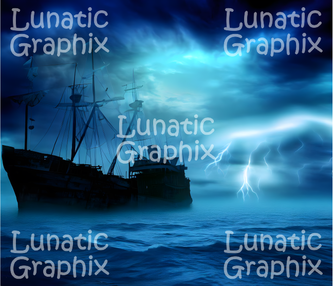 Thumbnail: Galleon on dark stormy sea, lightning flashes, Lunatic Graphix.