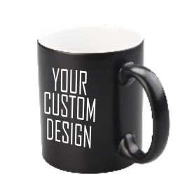 Matte black coffee mug displaying 'YOUR CUSTOM DESIGN' text, white interior.