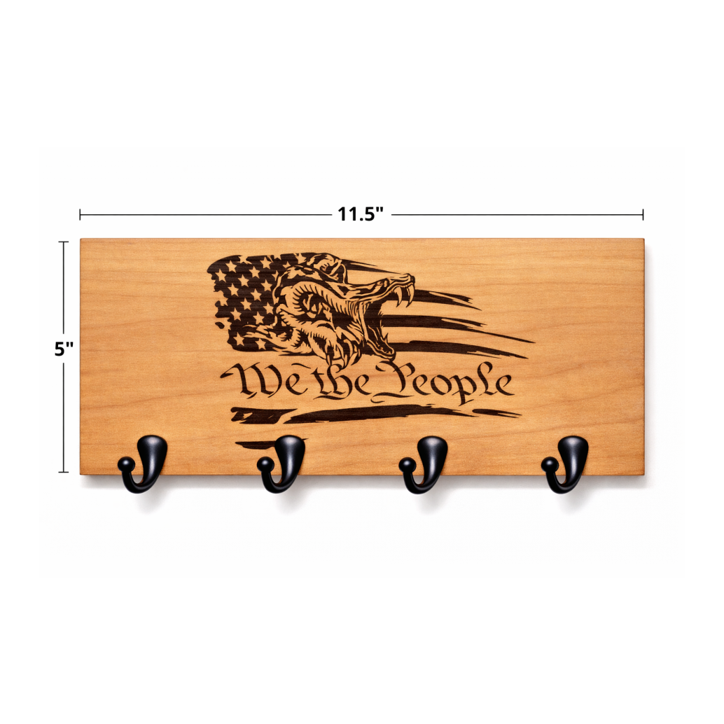 Wooden key hanger, 'We the People' American flag artwork, four hooks.