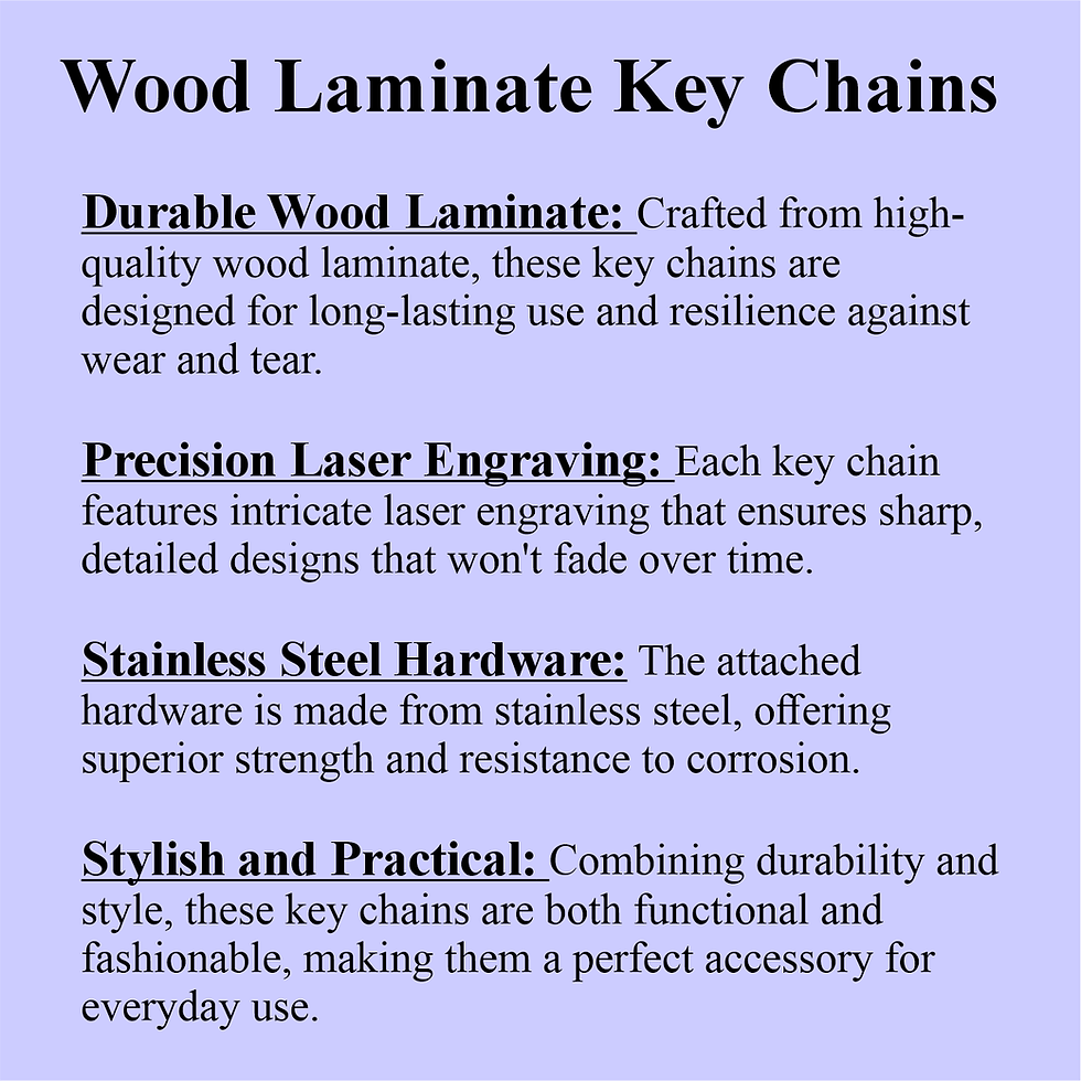 Thumbnail: Wood Laminate Key Chains details: durable, laser engraved, stainless steel.