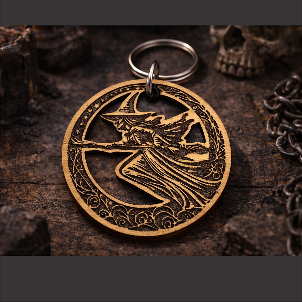 Detailed wooden keychain featuring witch flying past crescent moon on dark background.