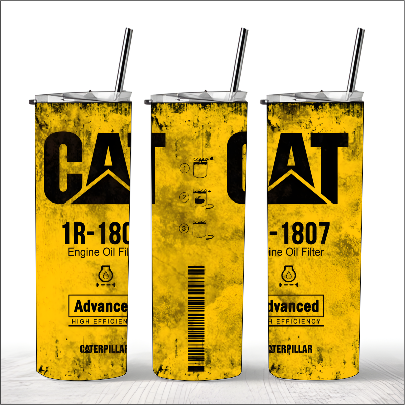 Three yellow CAT 1R-1807 Engine Oil Filter tumblers with straws.