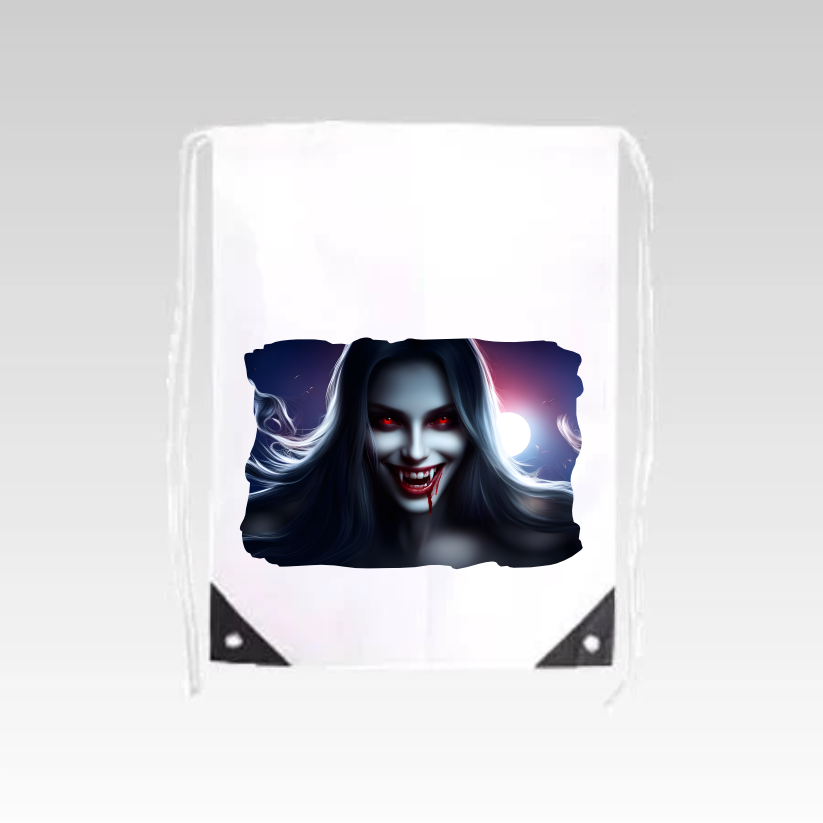 Scary female vampire face with glowing red eyes and fangs on a bag.