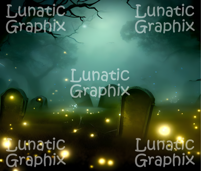 Thumbnail: Dark, foggy graveyard with glowing lights, tombstones. Lunatic Graphix watermarks.