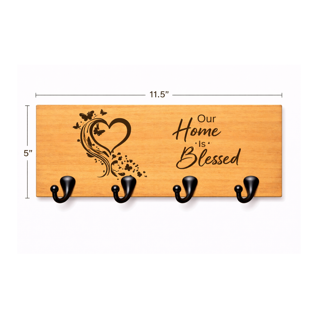 Wooden key hanger, Our Home is Blessed, heart design, four hooks.