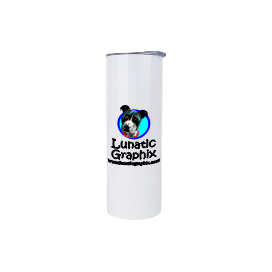 White tumbler with dog logo, "Lunatic Graphix" and "lunaticgraphix.com" text.