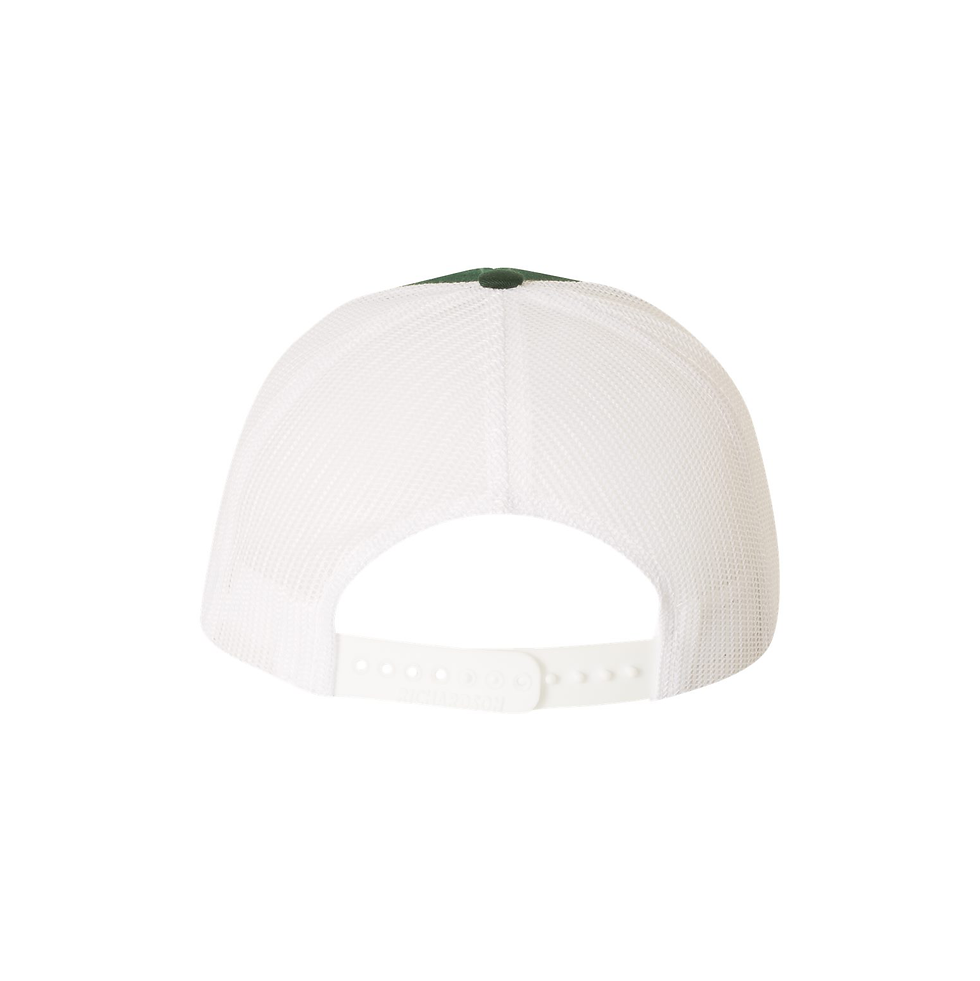 Thumbnail: Back of white baseball cap with green peak and adjustable strap.