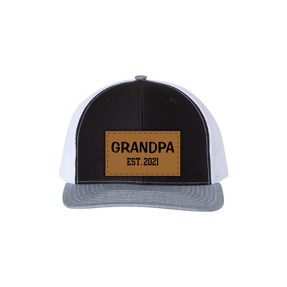 Thumbnail: Black, white, and gray baseball cap with 'GRANDPA EST. 2023' on leather patch.