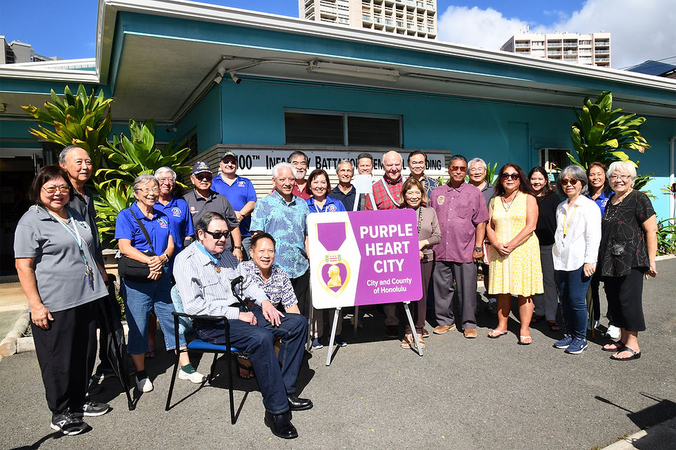 Purple Heart City sign dedication ceremony at the 100th Infantry Battalion Veterans (Club 100) Clubhouse. [Photo courtesy: Clyde Sugimoto]