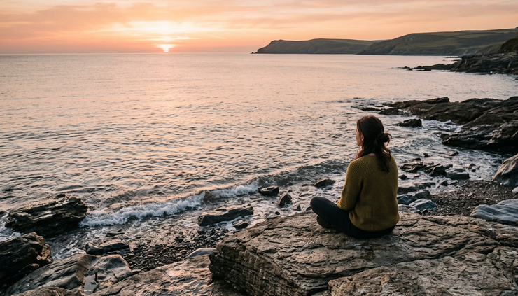 Wide-angle view of a person sitting quietly beside the ocean at sunrise.