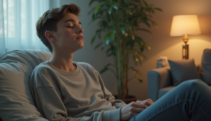 Eye-level view of a teenager sitting calmly in a cozy room during a hypnotherapy session