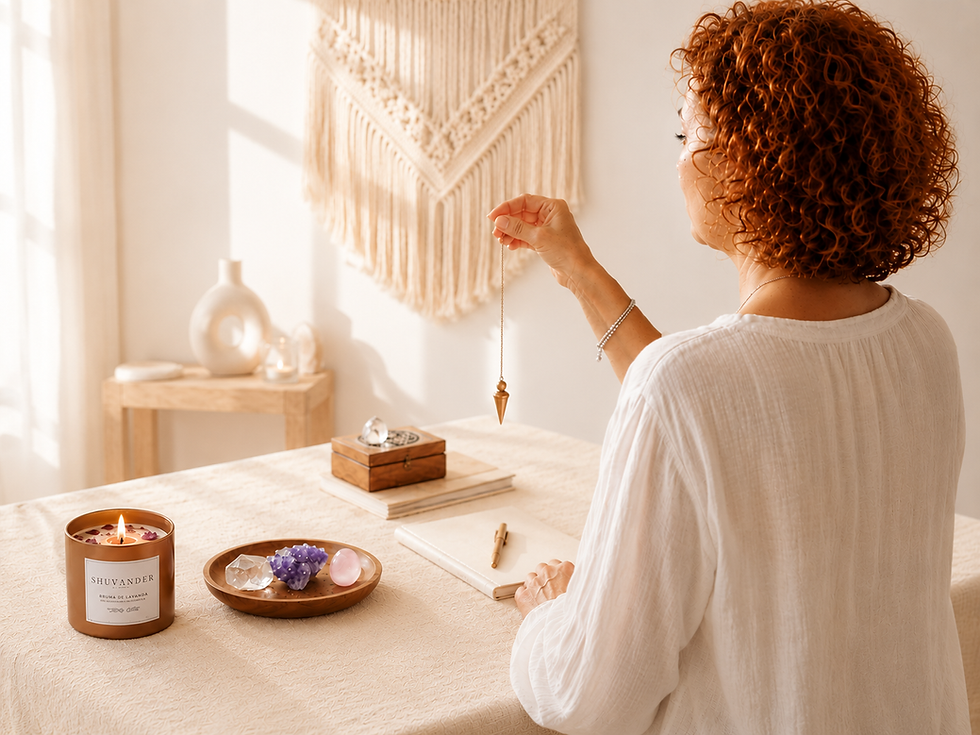 Terapeuta de Rakasha en una mesa con péndulo en la mano